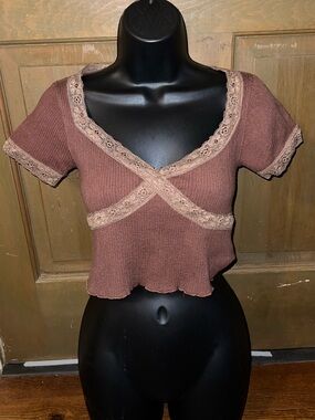 BDG Urban Outfitters Brown Lace-Trim Y2K Ribbed Short Sleeve Crop Top Size L
